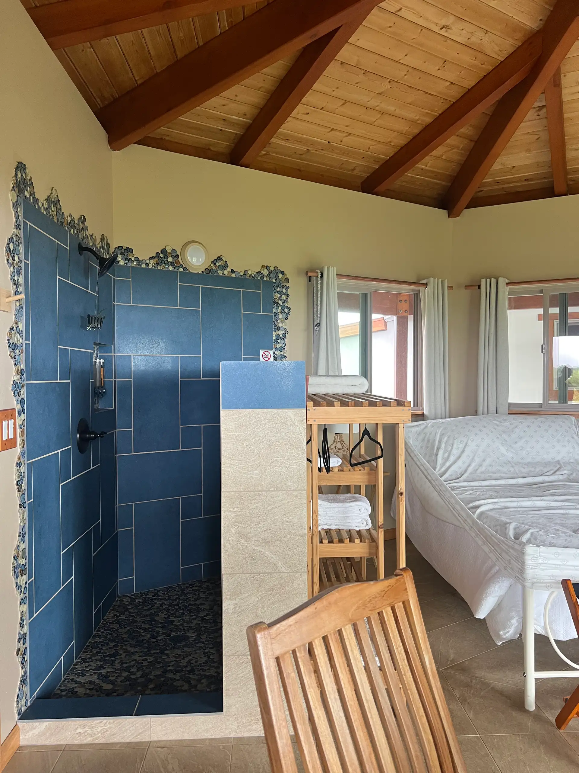 Blue-tile shower in the Hilo vacation rental guest house