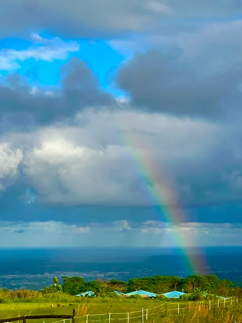 A rainbow over the ocean above the Eco Village bungalows